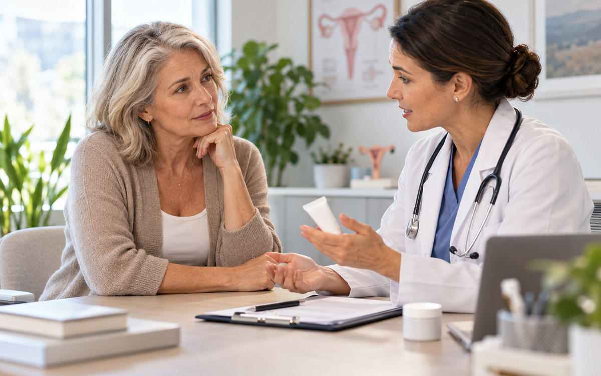 Female doctor discussing compounded estriol treatment options with a postmenopausal patient during consultation