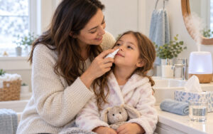 Mother gently administering saline nasal spray to her child for winter dry nose relief.