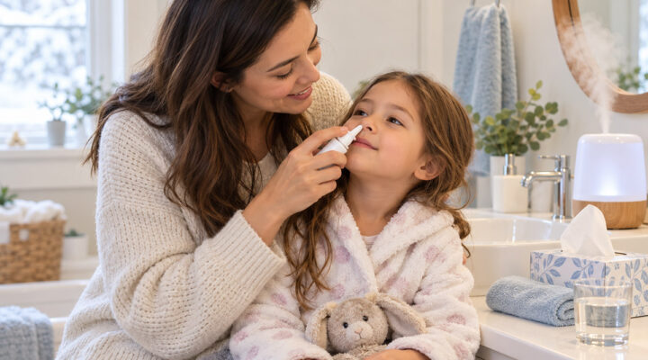 Mother gently administering saline nasal spray to her child for winter dry nose relief.