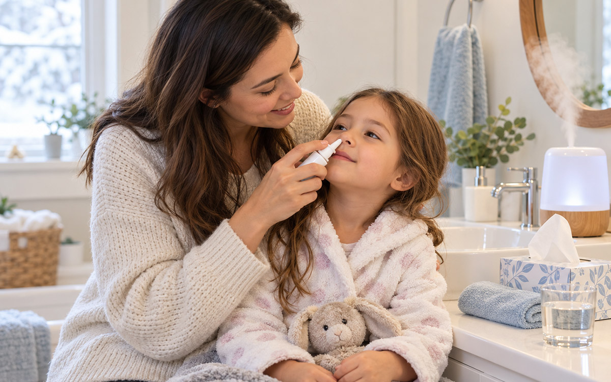 Mother gently administering saline nasal spray to her child for winter dry nose relief.