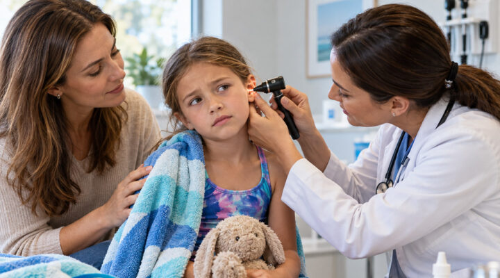Pediatric doctor examining a child's ear for infection while her mother offers comfort