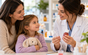 Pharmacist explaining compounded liquid medication to a mother and young child