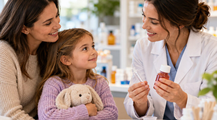 Pharmacist explaining compounded liquid medication to a mother and young child