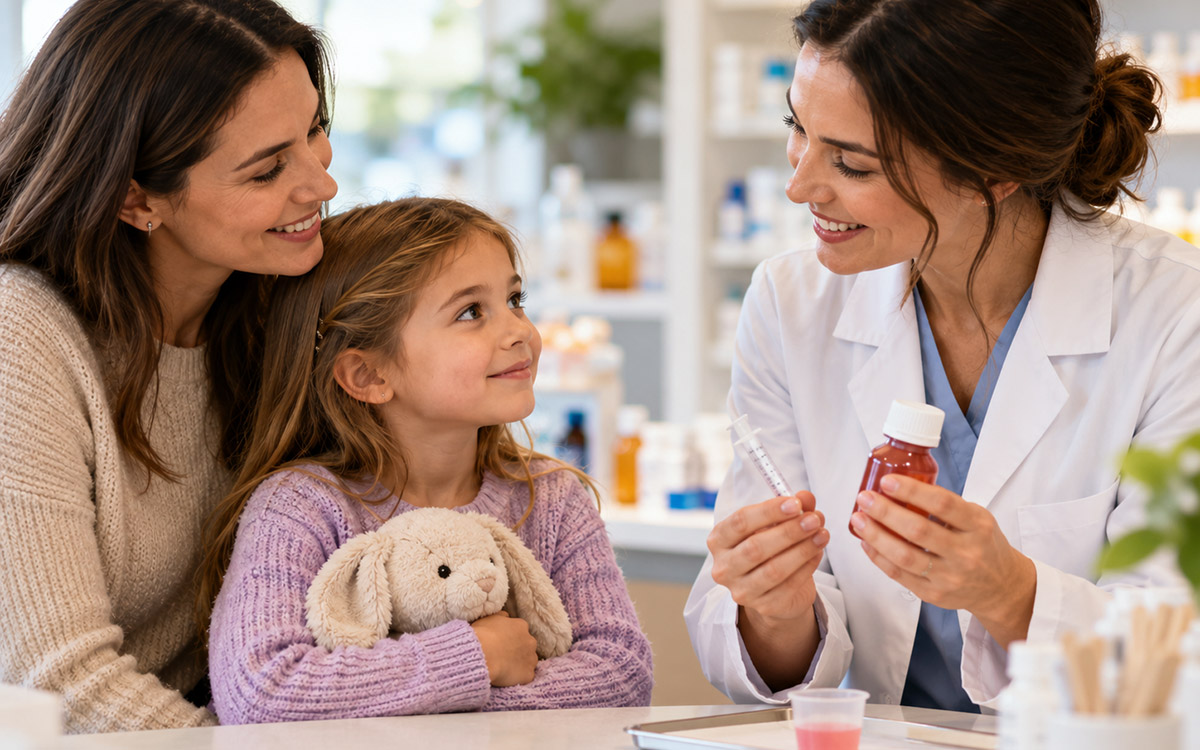 Pharmacist explaining compounded liquid medication to a mother and young child
