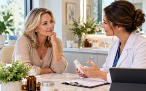 Woman discussing compounded testosterone therapy options with a healthcare provider during a consultation
